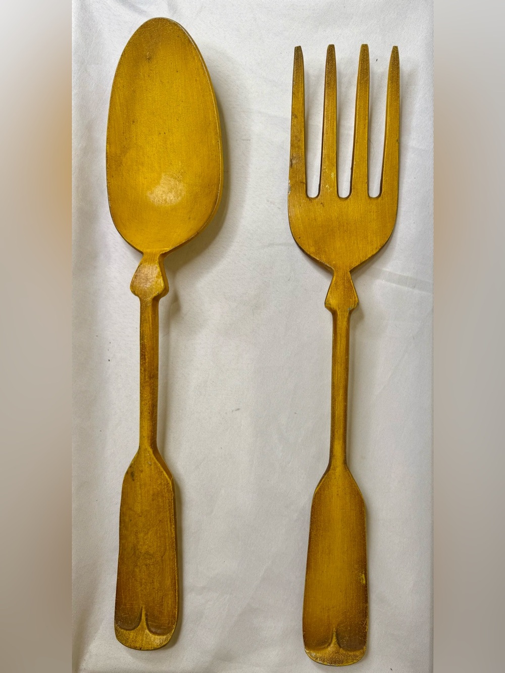 Vintage Wall Size Golden Metal Fork & Spoon Set 1960s 1970s Wall Hanging